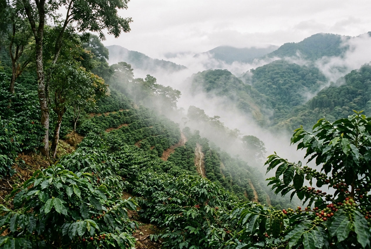 Shade-grown coffee on a mountainside in the Sierra of Oaxaca.