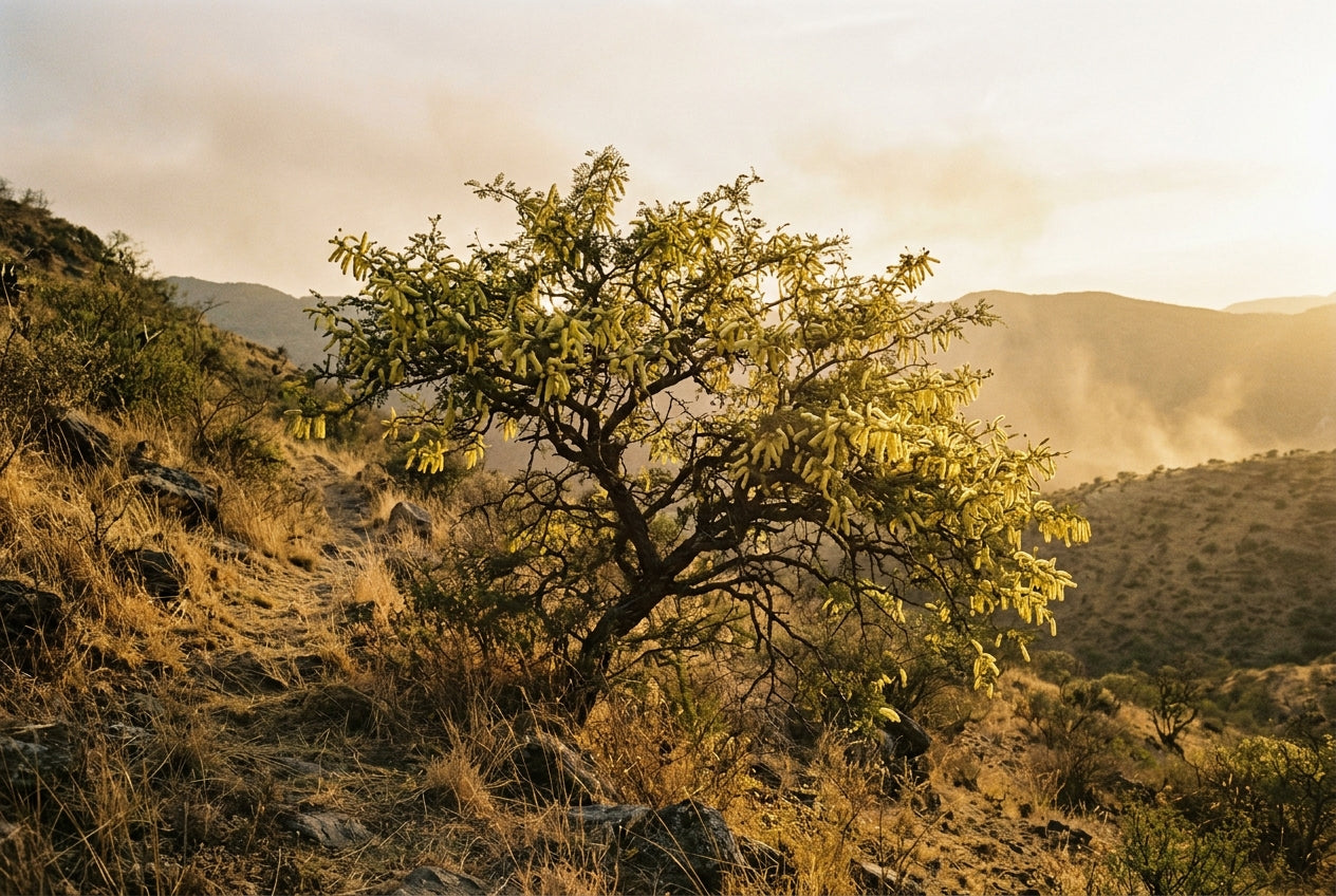 Mesquite in flower on a dry hillside in Jalisco.